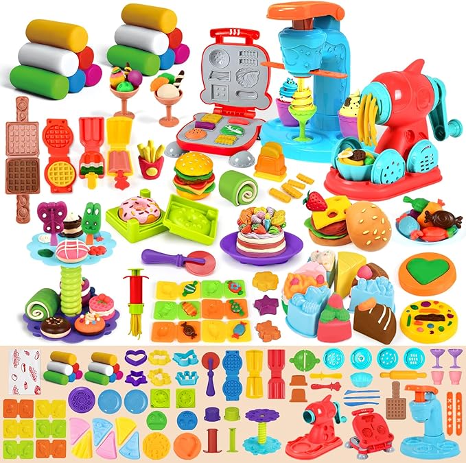 75 PCS 4 in 1 Dough Sets for Kids Ages 3-4-8, Art Crafts Dough Tools Kit, Ice Cream Playset Noodle Hamburger Maker Machine Dessert Rack, Kitchen Creations Food Play Toys Toddlers Boys Girls