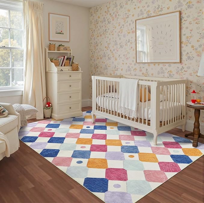 jinchan Area Rug 5x7 Kids Washable Indoor Floor Cover Non Slip Modern Soft Rug Living Room Diamond Carpet Holiday Decor for Nursery Dining Room Bedroom Berries on Cream