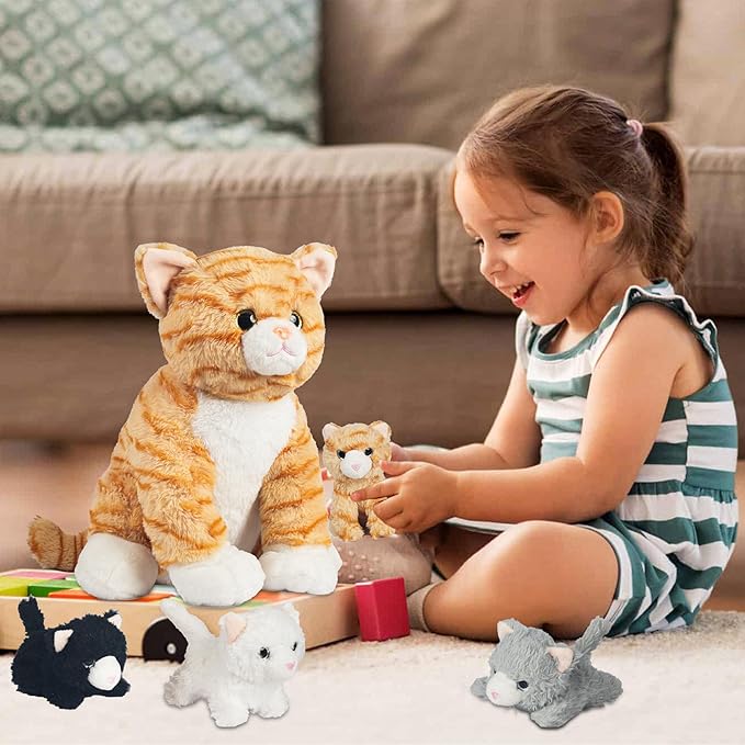 5 Pcs Cat Stuffed Animal with Babies Inside Belly, 1 Mommy Stuffed Cat Plush Toy with 4 Kittens Stuffed Kitty Cats Plushies Toys for Kids Girls Boys Birthday Christmas Easter Stuffers Gifts
