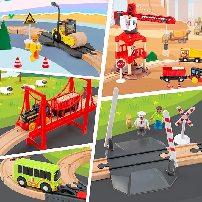 86pcs Wooden Train Set with Crane, Wooden Train Track Set Railway Kits Fits Thomas Brio IKEA Melissa and Doug, Christmas Train Toys for Kids & Toddlers 3-5 Years Old Boys and Girls