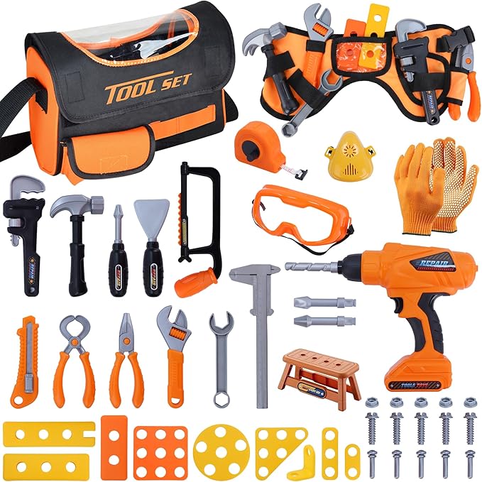 Magic4U 52PCS Toddler Tool Set with Electric Drill Toy & Kids Tape Measure, Pretend Play Construction Toys Costume with Kids Tool Belt, Toy Tool Bag for Boy Girls Age 3-8