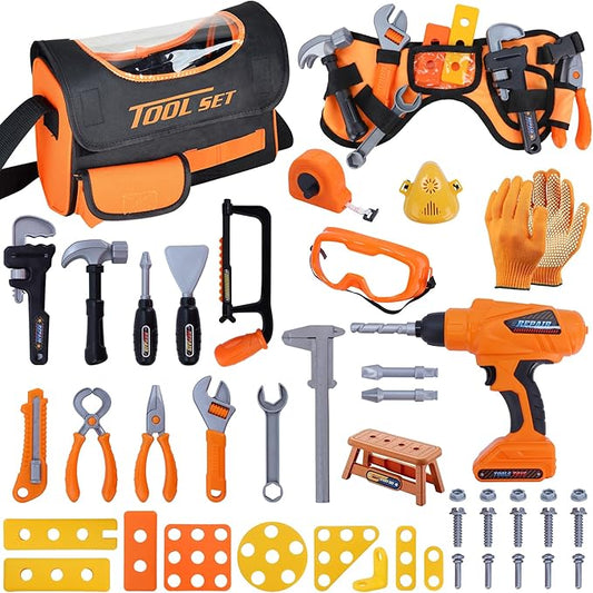 Magic4U 52PCS Toddler Tool Set with Electric Drill Toy & Kids Tape Measure, Pretend Play Construction Toys Costume with Kids Tool Belt, Toy Tool Bag for Boy Girls Age 3-8