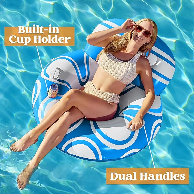 Sloosh Inflatable Pool Floats Lounger - Pool Floaties Blow Up Air Sofa Floating Chair with Big Backrest, Heavy Duty River Tubes Summer Lake Beach Water Float Raft Floaty for Adults (Blue White)