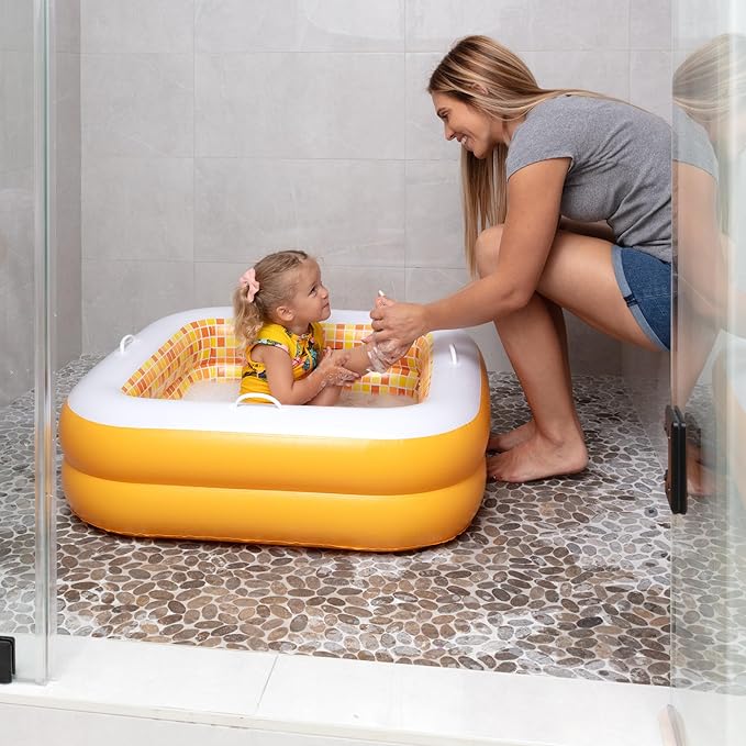 Baby and Toddler Pool with Cushioned Floor, Handles & Drain, 34"x10" Skin Safe Small Square Inflatable Kiddie Pool Portable Bathtub and Ball Pit, Summer Outdoor Gift for Babies, Infants & Toddlers 1-3