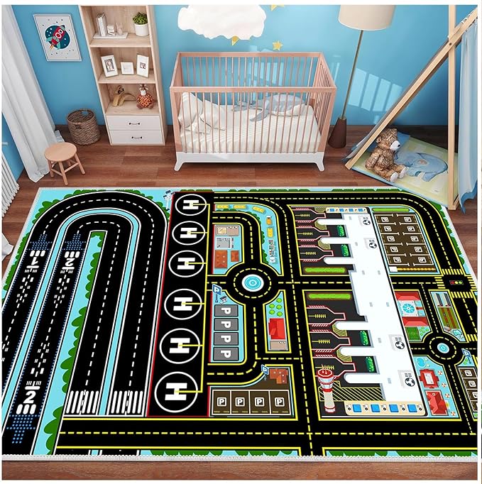 Kids Car Rug Carpet Playmat for Play Toy Cars, Airplane Road Airport Parking Track Rugs Carpet for Playroom Nursery Classroom Kids Room, Car Play Floor Mat Great Gift for Boy Girl 4x6ft