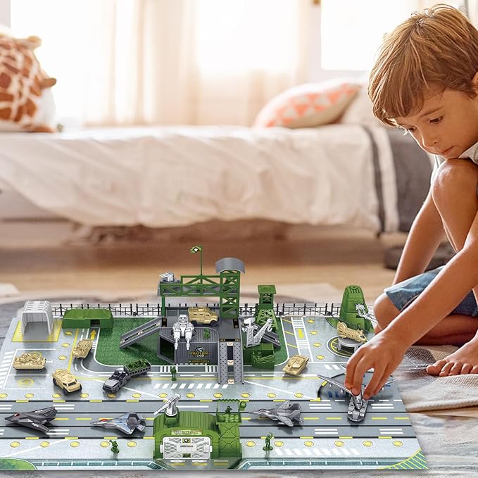 Military Base Toy Sets, Army Toys Playset with Army Men Action Figures, Airplane Toy, Army Tank, Helicopter, Vehicles Accessories and Army Base Play Map, Birthday Present Toys for Boys