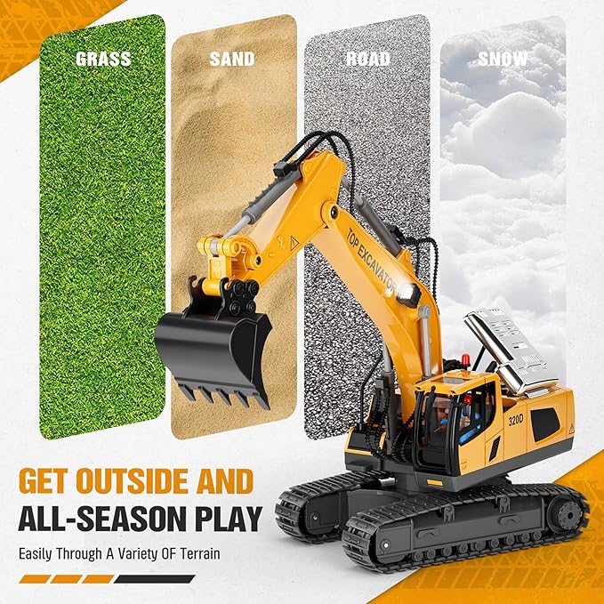 Remote Control Excavator Construction Toys for Boys, 2×1200mAh RC Construction Truck with Metal Shovel & Light, 11CH Excavator Toys for Boys 3-5 4-7 8-12 Year Old Kids Christmas Birthday Gift,120+Mins