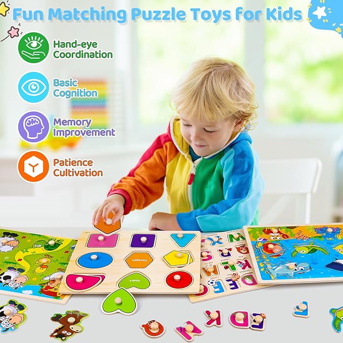 Wooden Peg Puzzles for Toddlers 2 3 4 Year Old, 4 Pack Montessori Toys Preschool Learning Puzzles for Toddlers 1-3 with Animals, Shapes, Alphabet, Wooden Toddler Toys Gifts for Kids Boys Girls