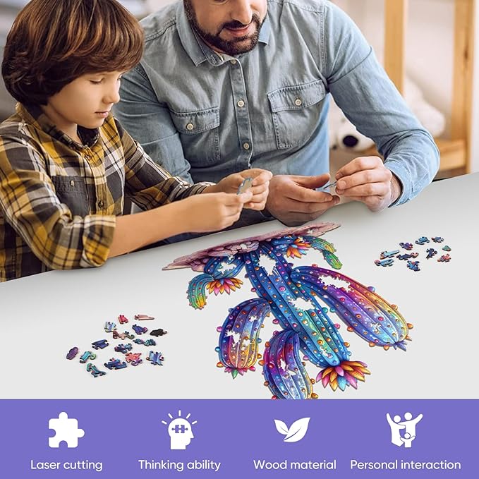 Wooden Puzzles for Adults,Cactus Wooden Jigsaw Puzzles 500pcs,16.8x18.5in,Royal,Unique Shape Adult Puzzles,Irregular Wood Puzzles Creative Gift for Adults and Kids Family Game