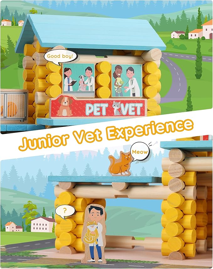 SainSmart Jr. Wooden Logs Set - 229 PCS Classic Building Toy for Kids, Pet Vet Log Kits Compatible with Lincoln Logs, Ages 3+