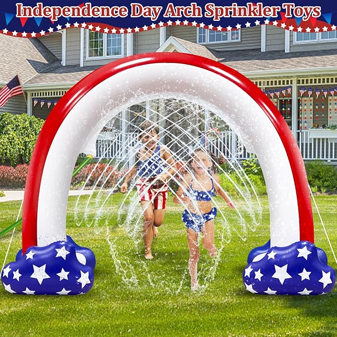 4th of July Inflatable Sprinkler for Kids, 8F * 5.5F American Flag Sprinkler Outdoor Water Toys for Kids Adults 4th of July Independence Day Summer Water Party Backyard Outside Games Activities
