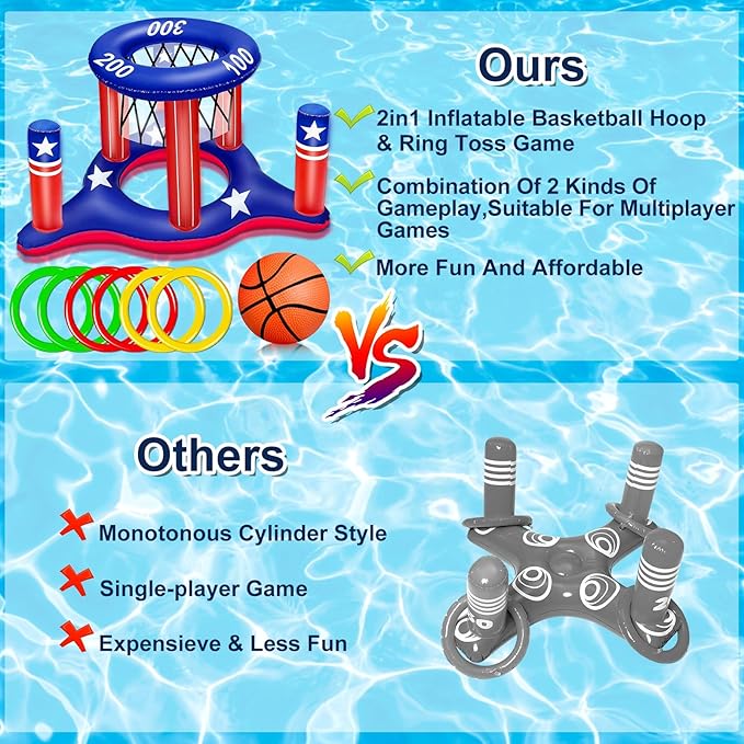 American Flag Pool Toys Games for Kids Adult 2-in-1 Floating Basketball Hoop Inflatable Cross Ring Toss Games Set Summer Swimming Pool Water Games Toys