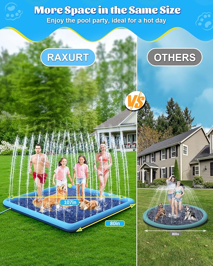 Splash Pad, 107"- 80" Non-Slip Splash Pad for Kids and Dogs, Thickened Durable Square Dog Pool with Sprinkler Summer Outdoor Water Toys for Toddler Girls Boys Children Pet (Blue)