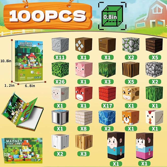 Magnetic Blocks 100PCS Magnetic Building Cubes with Multi-Functional Magnet Box Travel Set STEM Sensory Construction Toys for Boys & Girls Ages 3-5 5-7 8-12 Birthday Gifts (Forestry Farm)