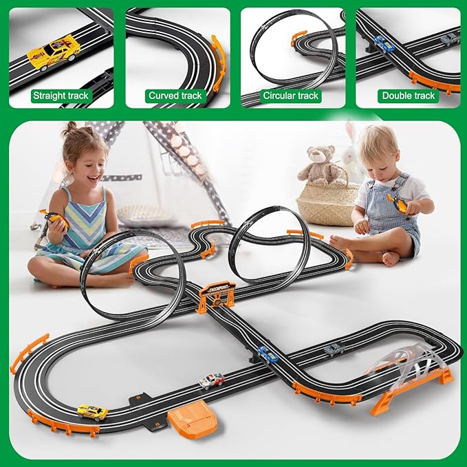 Slot Car Race Track for Kids with 4 Slot Cars, Dual Racing Electric Car Tracks Game Featuring Flash Bridge and Pendulum Toys Gifts for Boys Girls Age 6 7 8 Years Old