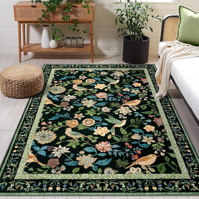 Floral Washable 5x7 Area Rug, Boho Birds Black/Green Rugs for Living Room Soft Non-Slip Vintage Flower Bedroom Rug, Low Pile Botanical Indoor Carpet for Nursery Playroom Dining Room