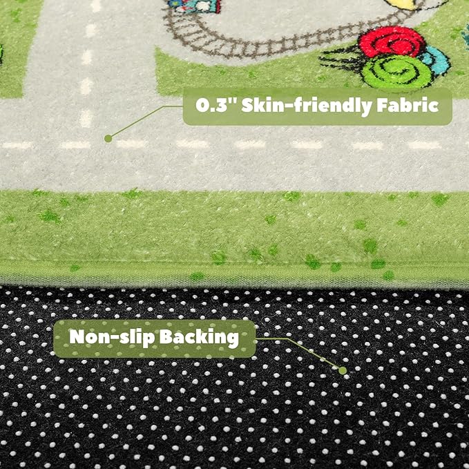 LIVEBOX Green Washable Playroom Rug, 4'x6' Non-Slip Soft Car Rug for Boys Room, Baby Nursery, Kids Floor Mats for Boys Girls Dorm Toy Room Tent