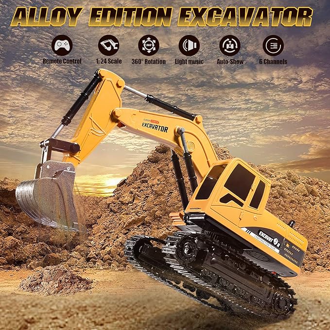 Construction Excavator Toy - Kids Toy Engineering Digger Truck, Remote Control Rechargable Hydraulic Car for 3 4 6 7 8 Year Old Boys Girls, Educational Toys for Kids & Children