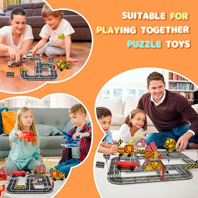 Magnetic Tiles Road Set, Magnetic Blocks Building Toys for 3+ Year Old Boys Girls, Magnet Construction Toys Preschool Educational Kids Magnet Tiles for Toddlers 3-5 4-8 (Magnetic Tiles Road Set)