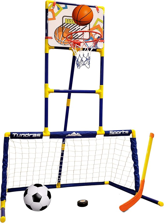 Kids Basketball Hoop Arcade Game, 3 in 1 Sports Center - Hockey, Soccer, Sports Station - Indoor Arcade Game, Includes Basketball Hoop, Hockey net, Soccer Goal for Toddlers and Children Boys and Girls