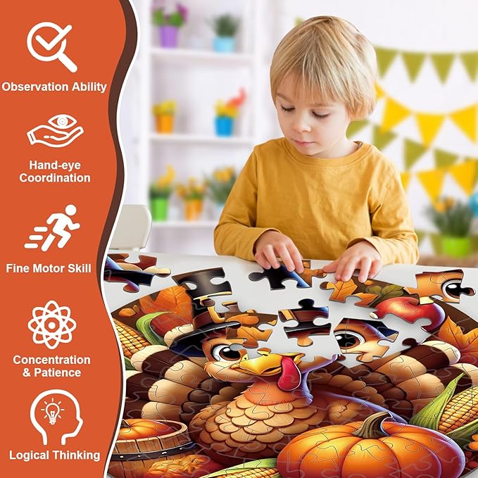 Thanskgiving Floor Puzzles for Kids Age 4-8, 70pcs Large Thanksgiving Jigsaw Puzzle for Kids 4-8 | Educational and Fun Fall Gifts for Kids