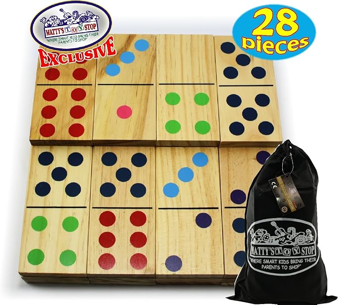 Matty's Toy Stop Deluxe Giant Wooden Dominoes Double Six (5") Color Dot, 28 Piece Set with Storage Bag