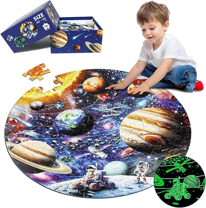 Glow in The Dark Solar System Jigsaw Puzzles for Kids Ages 4-8, 70 Pieces Kids Space Planet Floor Puzzle Toys Ages 8-10, Large Round Educational Puzzle Toys Gifts for Boys Girls Children