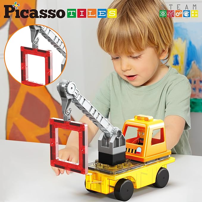 PicassoTiles Magnet Tile Building Blocks 3-in-1 Crane, Dump Truck, and Ladder Construction Vehicle Brick Compatible Magnetic Tiles Toy Set with Car Base Character Action STEM Learning Kit Age 3+ PTU03