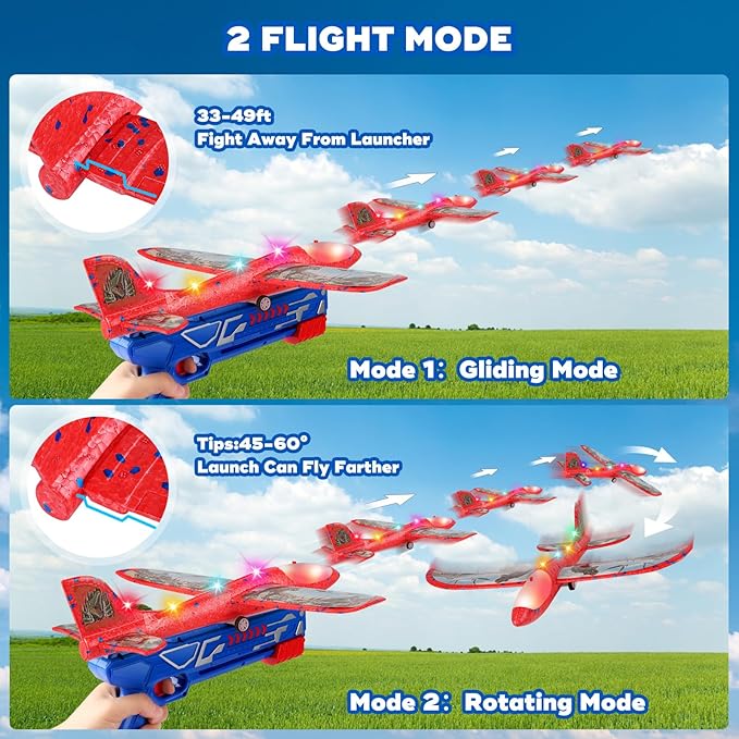 3 Pack Airplane Launcher Toy for Kids, 12.6" LED Foam Glider Plane, 2 Flight Mode Catapult Plane Boy Toys with Stickers, Outdoor Flying Toys Birthday Gifts for 4 5 6 7 8 9 10 12 Year Old Boys Girls