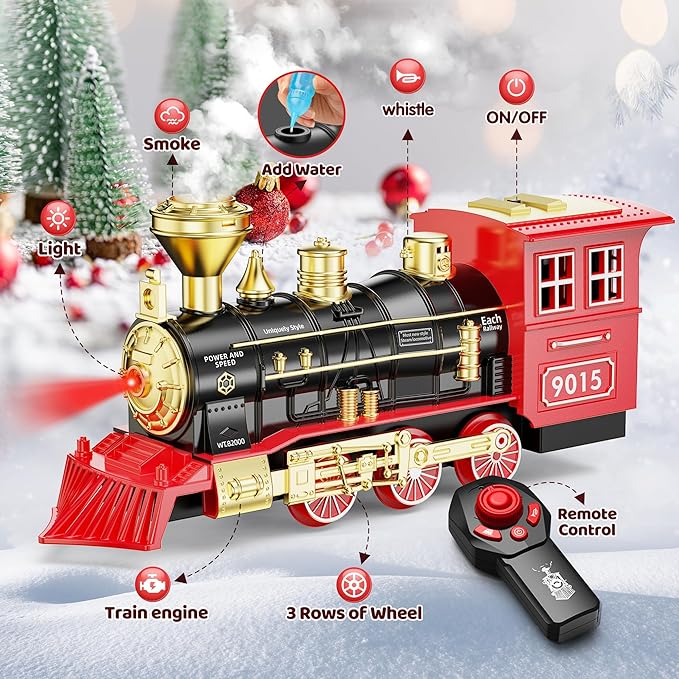 Hot Bee Train Set - Train Toys for Boys with Smokes, Lights and Sound, Toy Train Set for Under Christmas Tree, Toddler Model Trains for 3 4 5 6 7 8+ Years Old Kids Christmas Toys Gifts