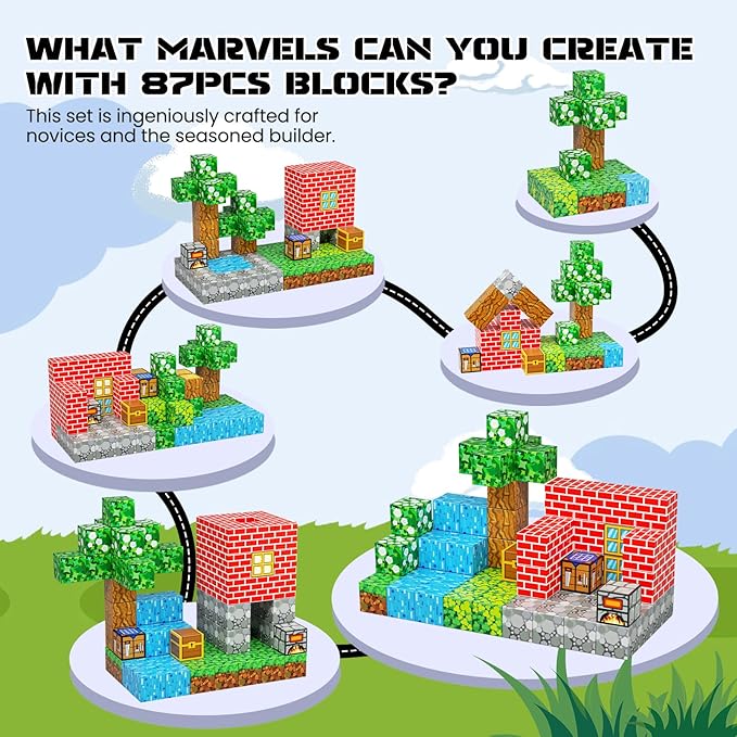 Kid Odyssey 87 PCS Magnetic Building Blocks Set-Build Mine Country Cottage World, STEM Montessori Toy for Kids Ages 3+, Educational Construction Toy for Boys & Girls