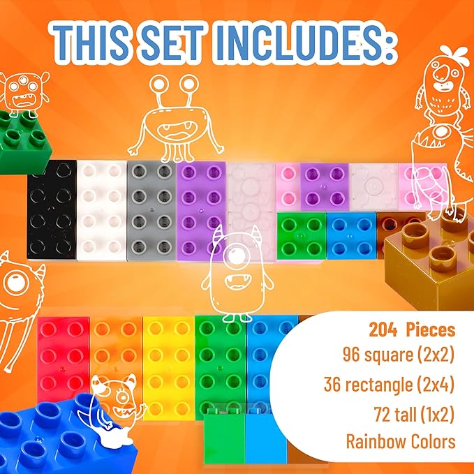 Strictly Briks Compatible with Lego Duplo Toy Large Building Blocks for Kids and Toddlers, Big Bricks Gift Set for Ages 3 and Up, 100% Compatible with All Major Brands, 12 Rainbow Colors, 204 Pieces