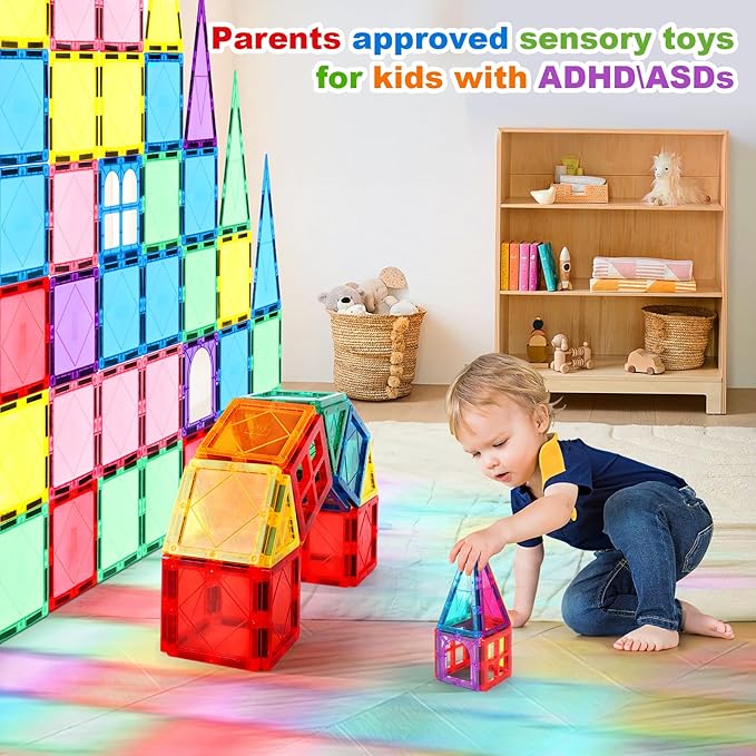 100PCS Magnetic Tiles Kids Toys - Magnetic Building Blocks STEM Magnet Building Set Preschool Learning Magnet Toys for Kids Ages 3-5 4-8, Sensory Montessori Toy for Toddlers 3+ Year Old Boys Girls