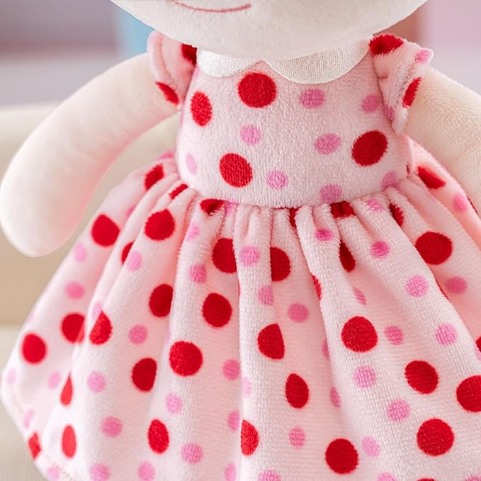 Onetoo First Baby Doll Soft Baby Doll for Girls Plush Rag Doll Sleeping Cuddle Buddy Doll Wear Pink Dress Red Polka Dot 14"