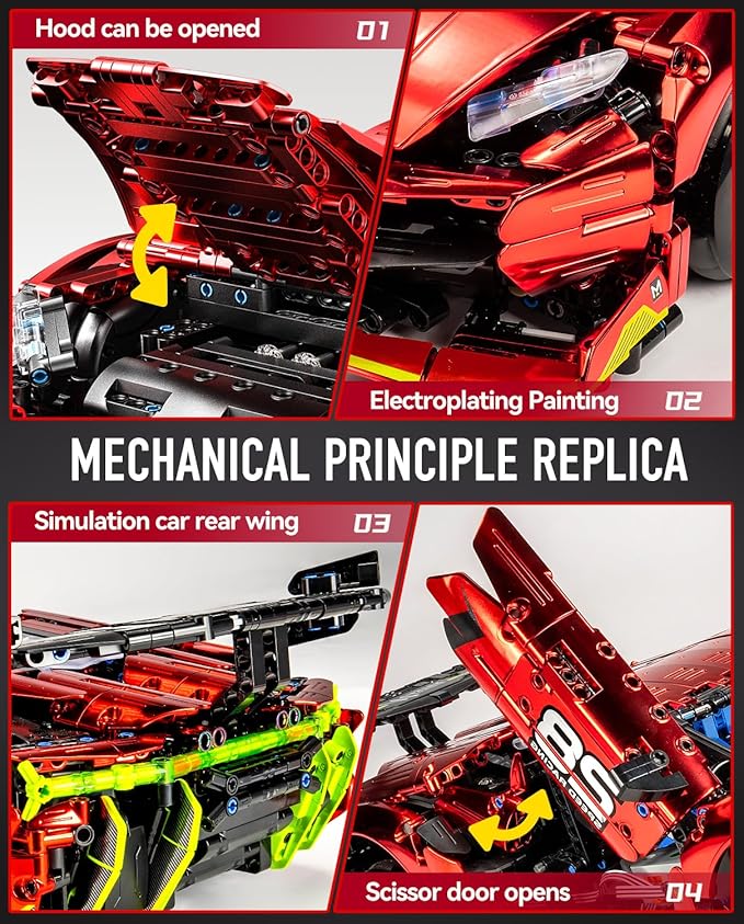 BAV Plated Sports Car Building Sets with Electric Chassis Lifting, Colletible Building Model for Adults, 1:10 Scale Electric Driftable Remote Control Technic Sports Car for Adults Men Teens.