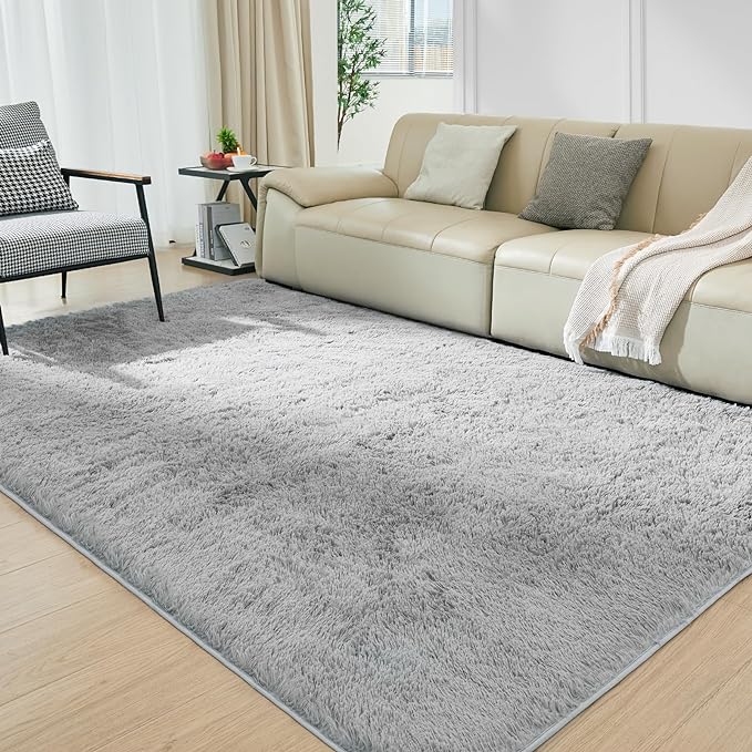 Ultra Soft Rug for Living Room, 5X8 Fluffy Shag Area Rug for Bedroom, Modern Shaggy Carpet Fuzzy Rug for Teens Dorm Nursery Home Decor Aesthetic, Upgrade Anti-Skid Durable, Light Grey