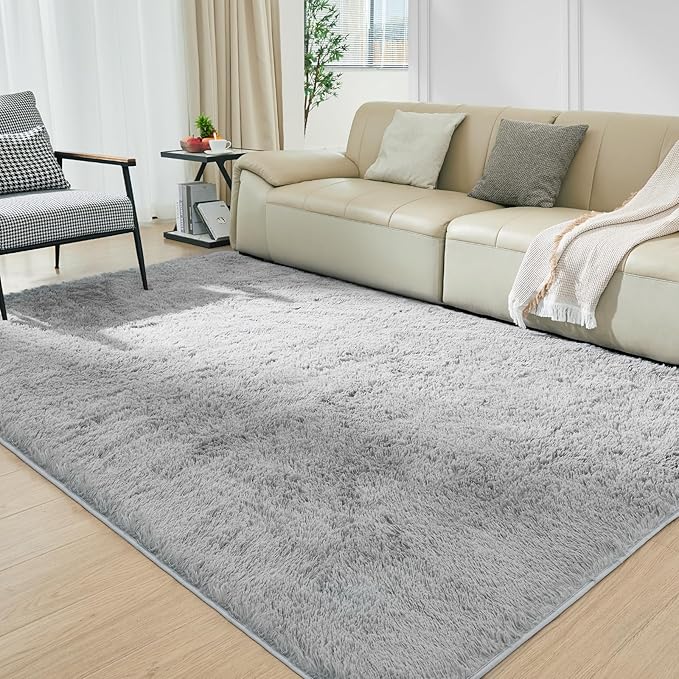 Ultra Soft Rug for Living Room, 9X12 Fluffy Shag Area Rug for Bedroom, Modern Shaggy Carpets Fuzzy Rug for Teens Dorm Nursery Home Decor Aesthetic, Upgrade Anti-Skid Durable, Light Grey