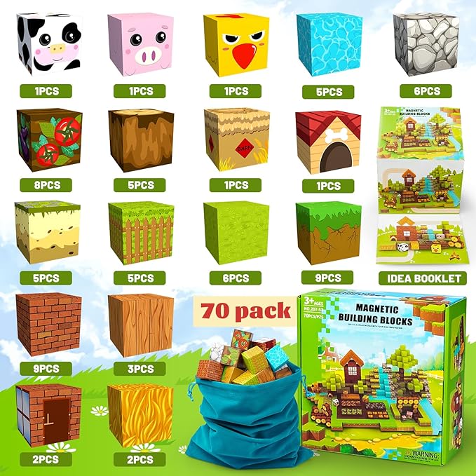 PLANEKO Magnetic Blocks Building Toys 1" Magnet Blocks Farm Magnetic Toys for Kids 4-8 STEM Sensory Montessori Toys for Toddlers Boys Girls Ages 3 4 5 6 7 8 9