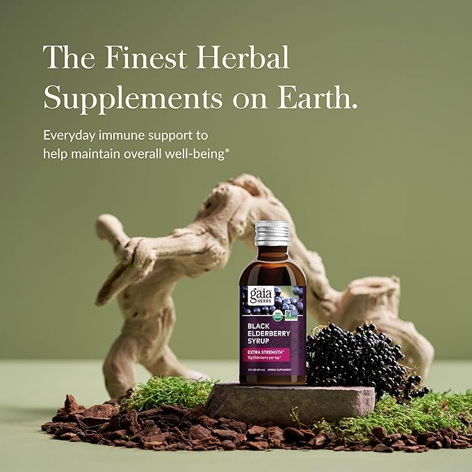 Gaia Herbs Black Elderberry(Sambucus Nigra) Syrup Extra Strength-Immune Support Supplement-Made with Organic Black Elderberries for Immune System-USDA Certified Organic Formula-3 Fl Oz(18-Day Supply)
