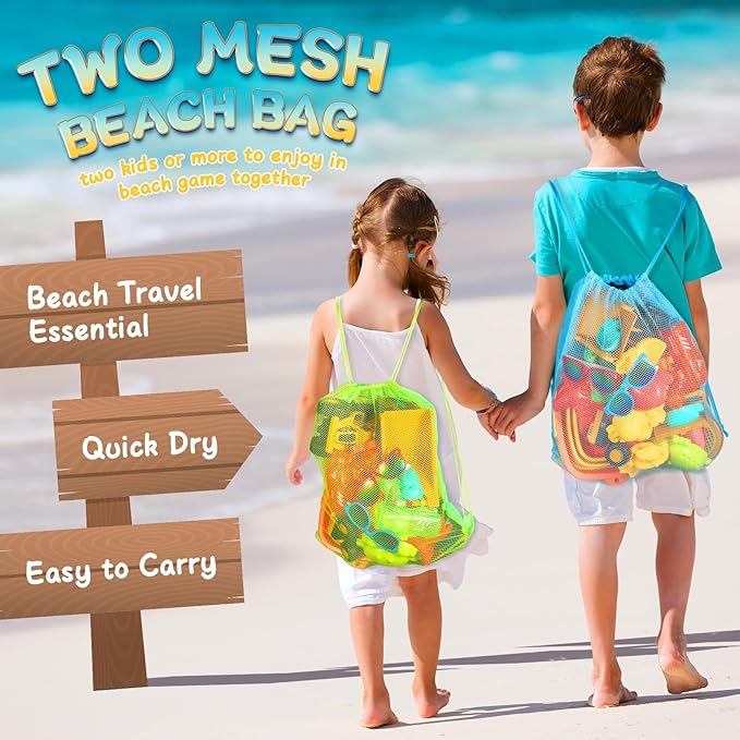 Beach Toys for Kids, Sand Toys with 2 Collapsible Beach Bucket,3 Dump Truck,2 Sunglasses,Ocean Molds,Sandbox Shovel,2 Mesh Bag Sand Castle Building Kit Travel Beach Essentials for Toddler 3-10