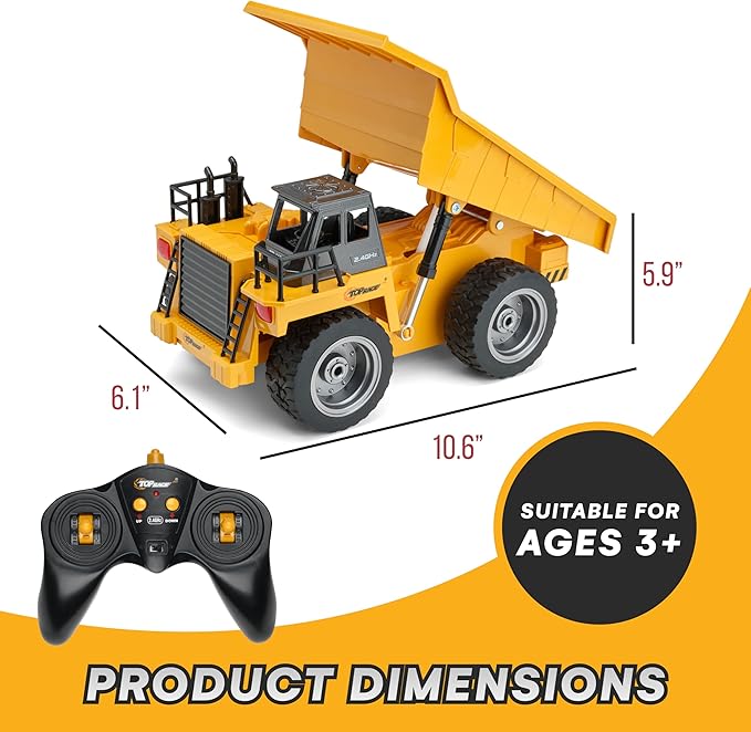 Top Race RC Remote Control Dump Truck Toy | 11" x 5.7" | Alloy Metal and Plastic 4WD with Heavy Rubber Tires - 2.4Ghz - Toy Trucks Rc Dump Truck Rc Construction Vehicles Remote Control Tractor