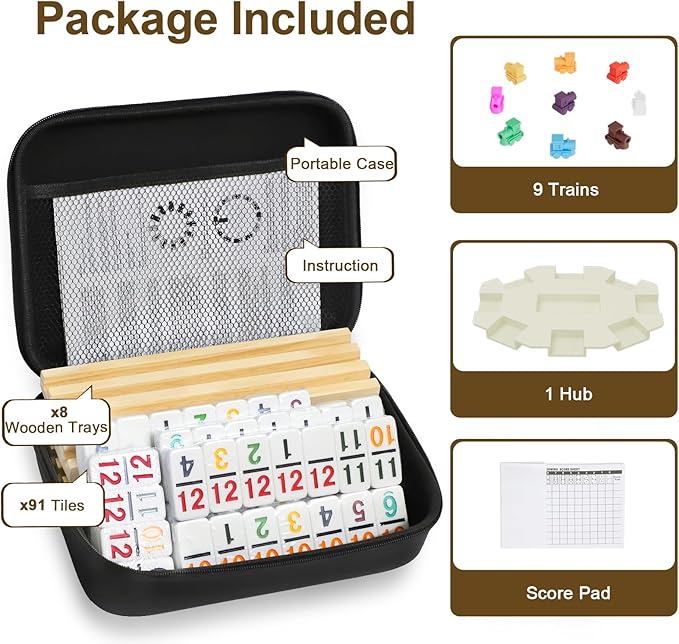 Mexican Train Dominoes Set with Numbers and 8 Wooden Trays/Racks, Double 12 Dominos Travel Set with 8 Tiles Holders, 91 Tiles Double 12 Colored Dominoes Game Set with Portable Case for Families Kids