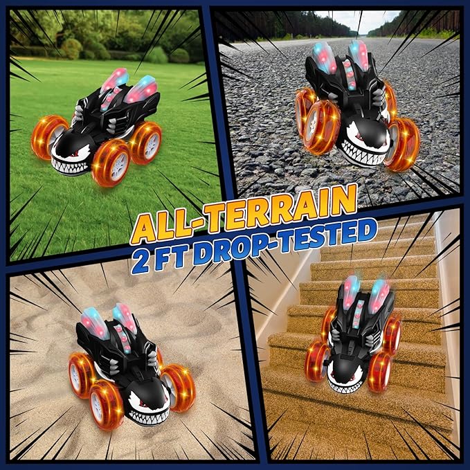 Remote Control Car for Boys, 2.4GHz 4WD RC Stunt Cars with 360° Flips, LED Lights Cool Toys, Rechargeable USB-C, Monster Toy, Birthday Gift for Kids Boy Ages 3-8