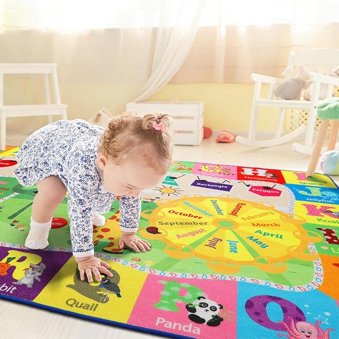 Playroom Rug Baby Play Mat for Floor ABC Rug for Kids Educational and Fun Playmat with Alphabet Animals Shapes Colors 5x7 Area Rug Learning Rugs for Toddler Children Game Activity
