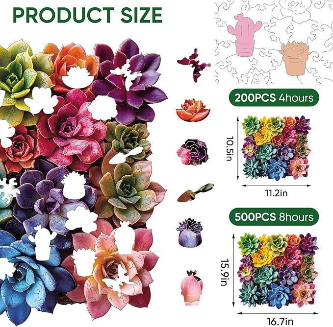 Square Succulent Puzzles for Adults 500 Pieces, 5MM Thick Unique Shaped Flower Jigsaw Puzzles Birthday Gifts for Kids Family Game 15.9 * 16.7inch