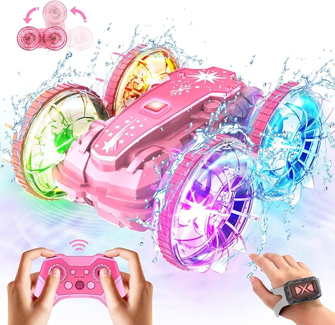 Amphibious Remote Control Car Boat, Waterproof Pool Toys for Kids Ages 6 7 8 9 10 11 12, 2.4 GHz Gesture Sensing RC Vehicle, 4WD Stunt Car with LED Lights, Gifts for Boys and Girls