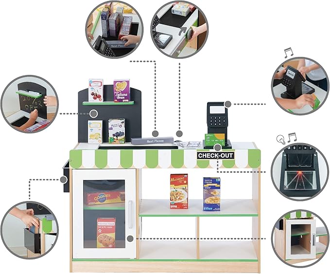 Teamson Kids Cashier Austin Interactive Wooden Play Market Stand with Lights and Sounds, Manual Conveyor Belt, Register and Display Spaces, Green and White Décor on Natural Wood