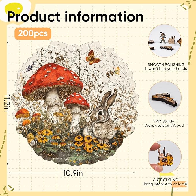 Rabbit Mushroom Wooden Jigsaw Puzzle for Adult and Kids 200 Pcs Unique Shape Multicolor Bunny Wood Box Fun Challenge Brain Teaser Family Game Creative Gift for Friends Rompecabezas Madera