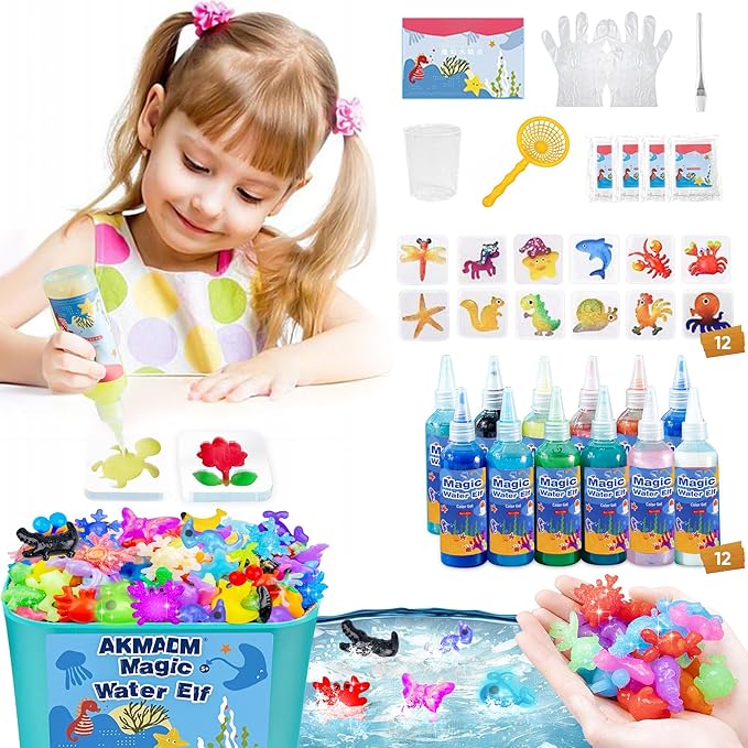 Magic Water Elf Toy Kit for Kids - Aqua Fairy Water Gel Kit - 12 Colors*100ml Squishy Maker Set - 12 Shape Molds - Arts & Crafts Water Elf Creation kit - Children's DIY Marine Life (12 Colors)