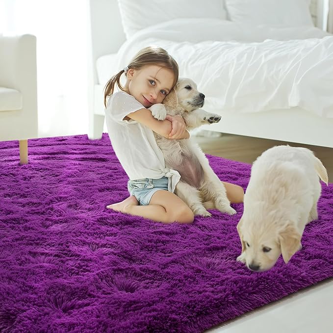 Amearea Shag Fluffy Area Rug for Kids Bedroom Living Room, Extra Soft and Fuzzy Shaggy Rugs, Non Slip, Solid Color Carpet Mat for Girls Nursery Home, Volet Purple 5x7.5 Feet